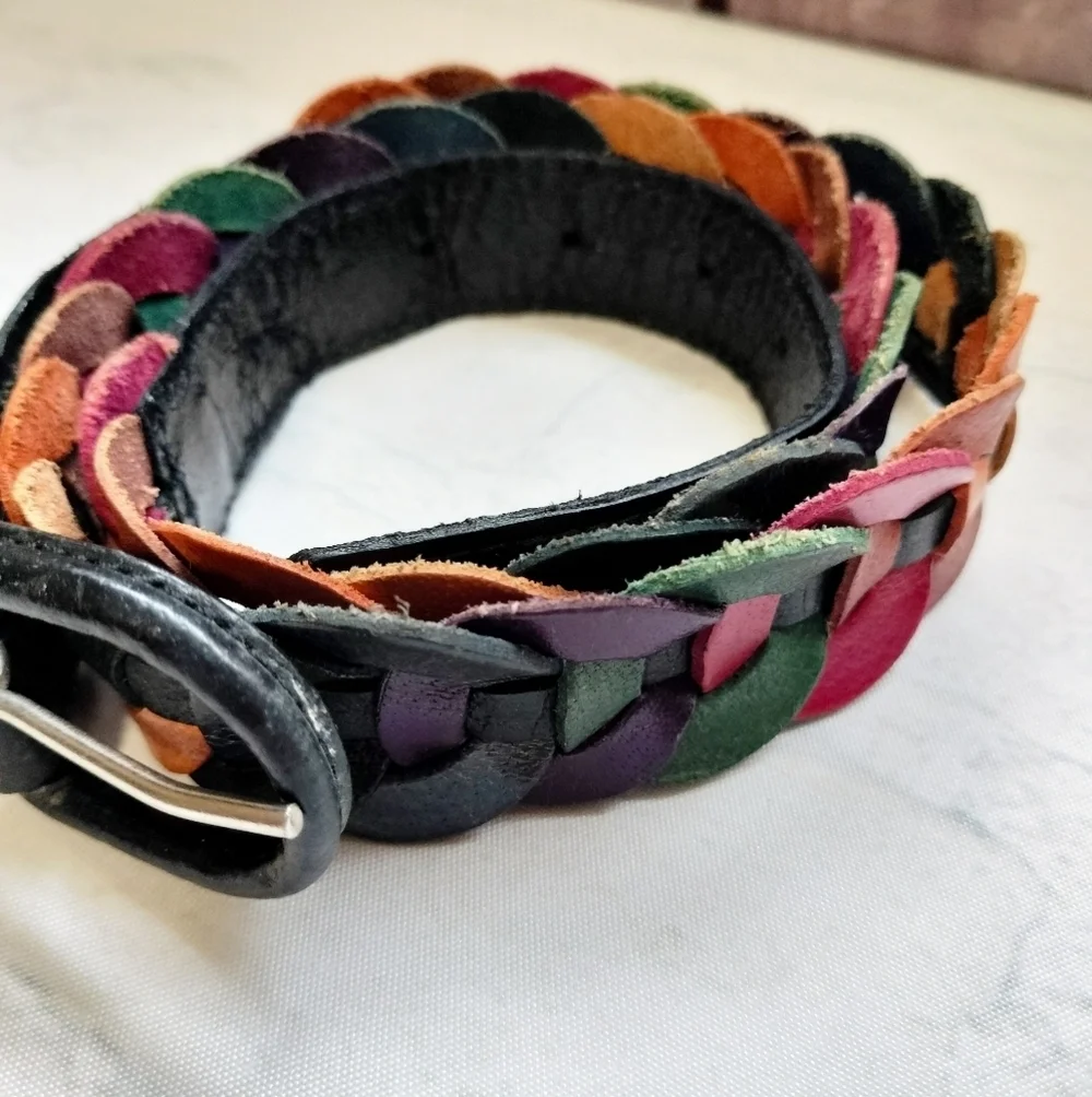 Multicolor Braided Genuine Leather Belt Black Buckle Adjustable